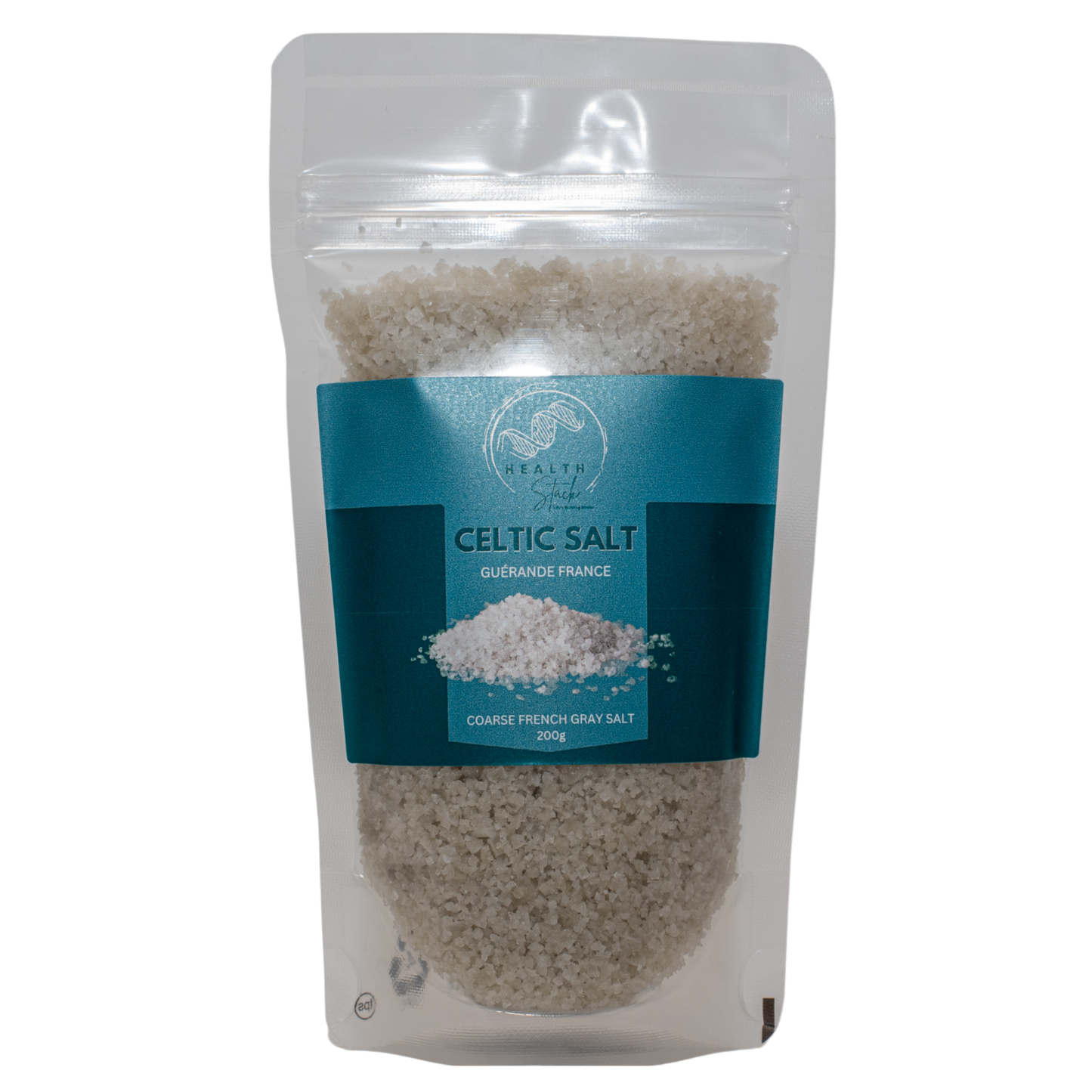 front of a 200g HealthStack Celtic Salt in a recyclable plastic ziplock pouch.