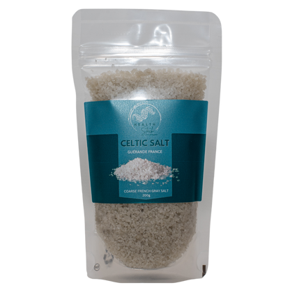 front of a 200g HealthStack Celtic Salt in a recyclable plastic ziplock pouch.